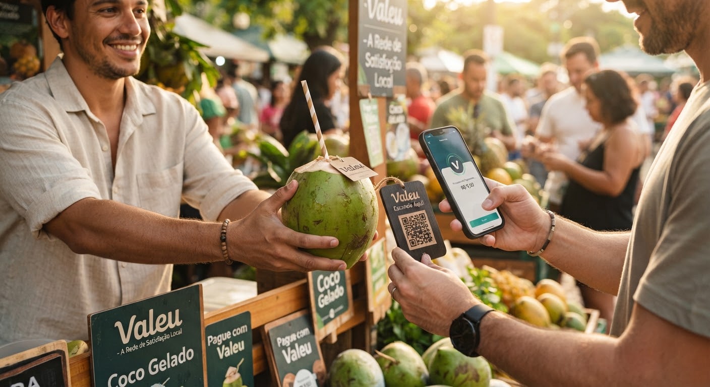Vendedor de água de coco usa o celular junto ao seu carrinho