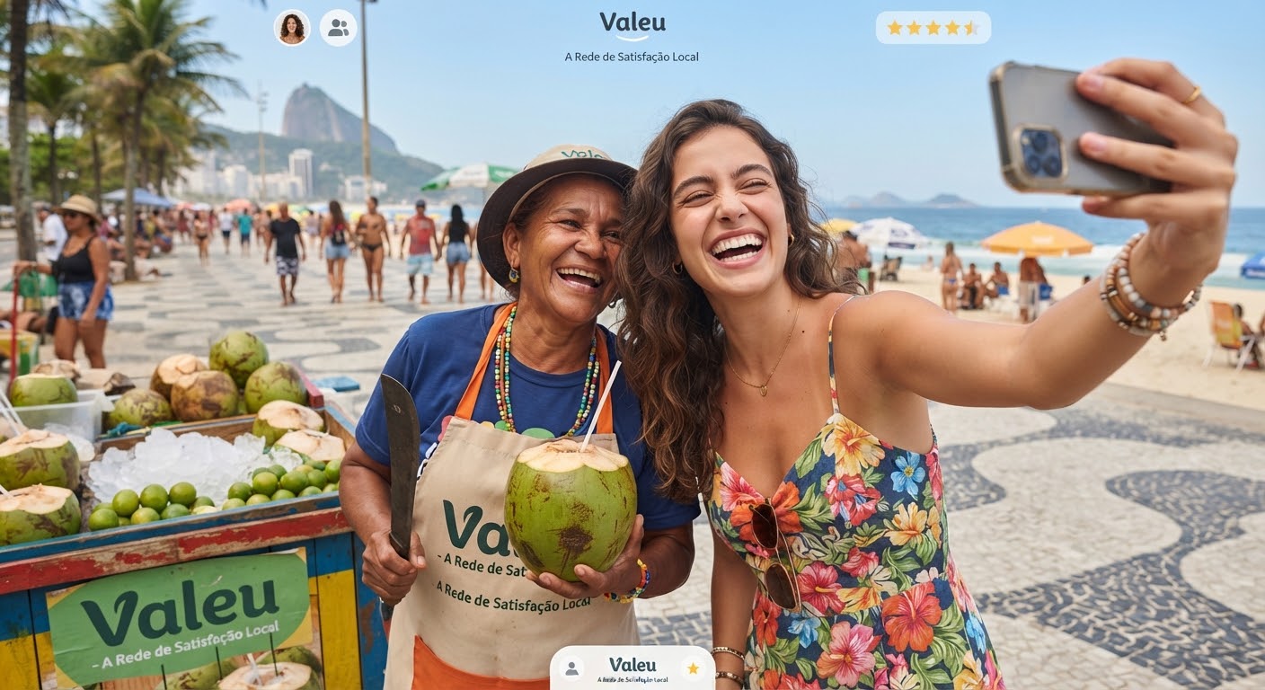 Cliente e vendedor sorrindo com águas de coco na orla