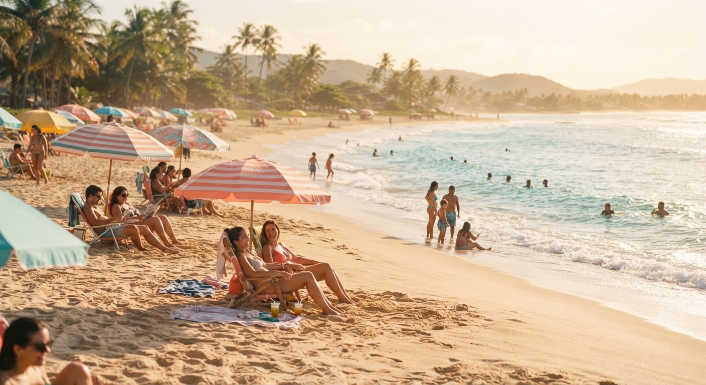 Praia brasileira com coqueiros, guarda-sóis e pessoas aproveitando o dia