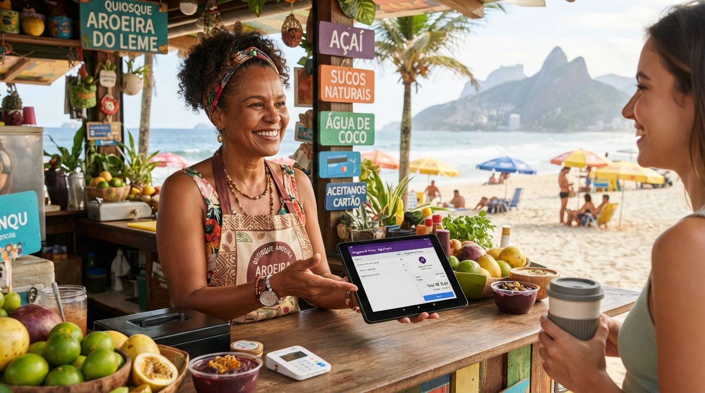 Açaís e frutas no balcão de um quiosque de praia